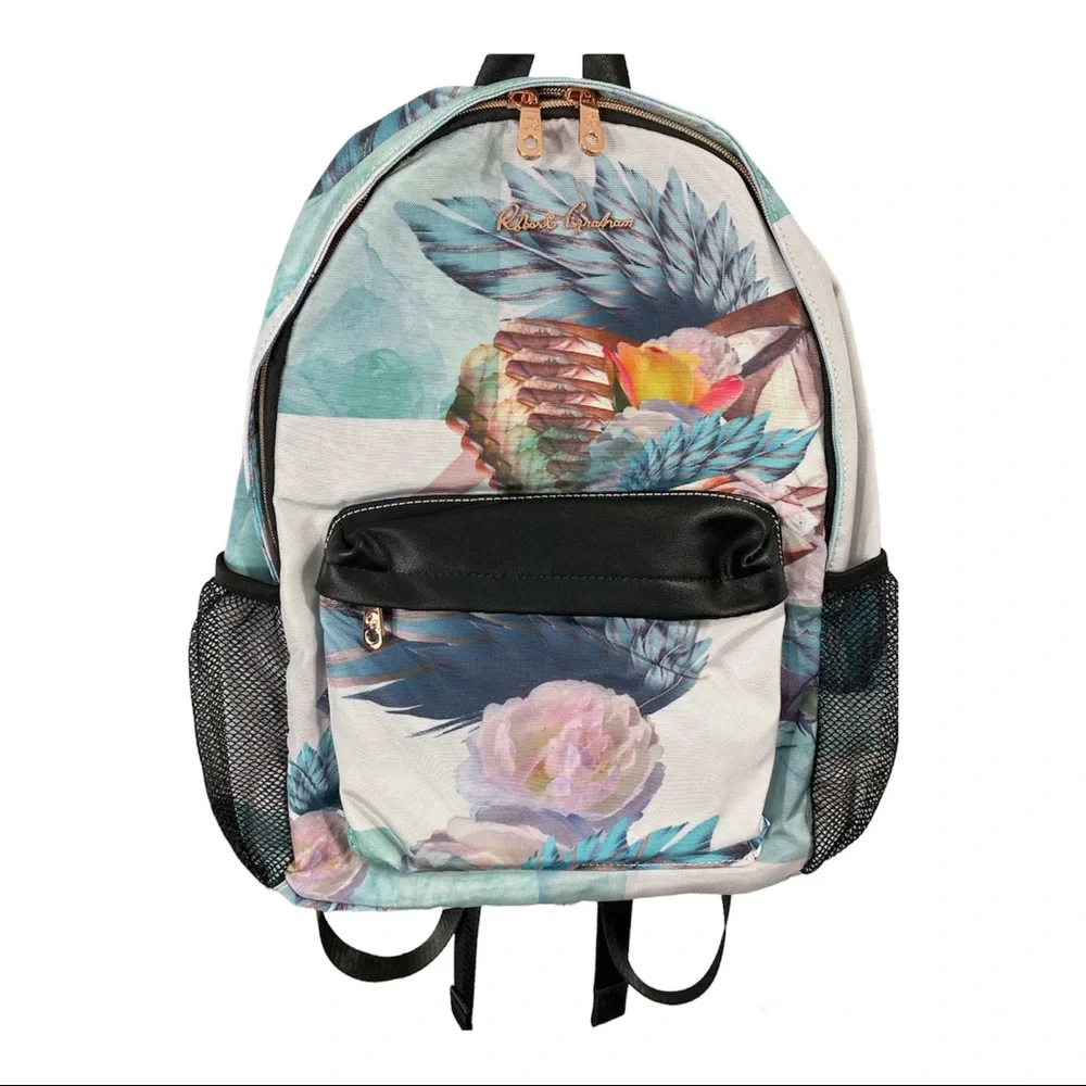 Robert Graham Floral Feather Print Backpack Side Pockets NWT
